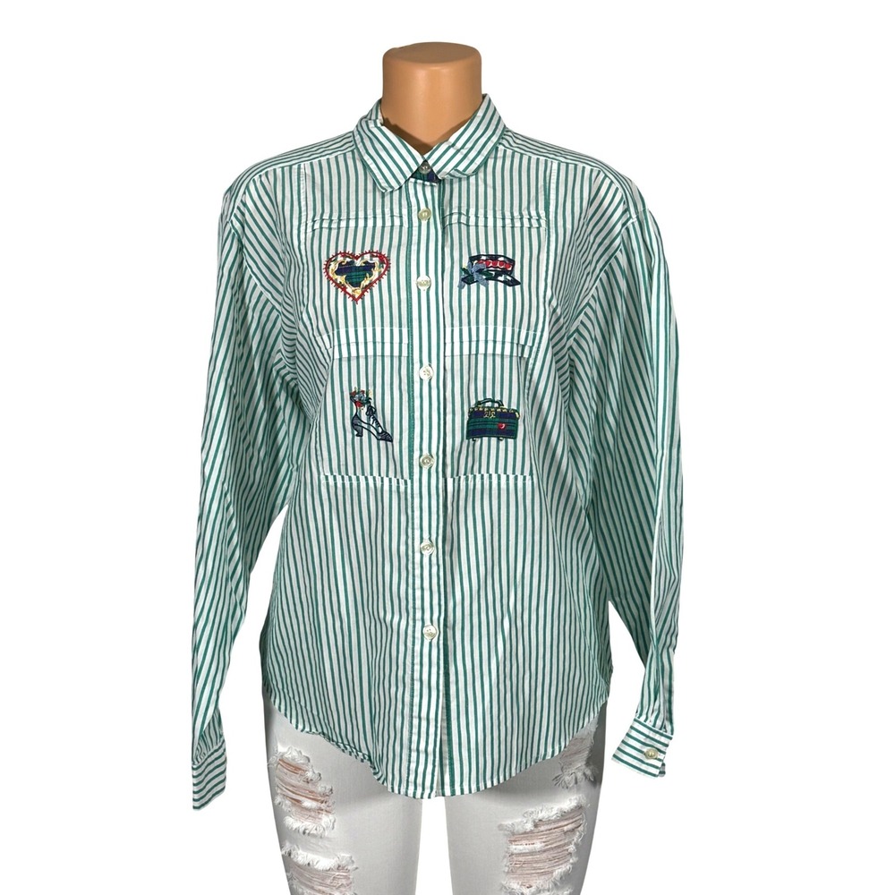 Vintage Napa Valley Green White Striped Embroidered Patches Button Down Shirt XL